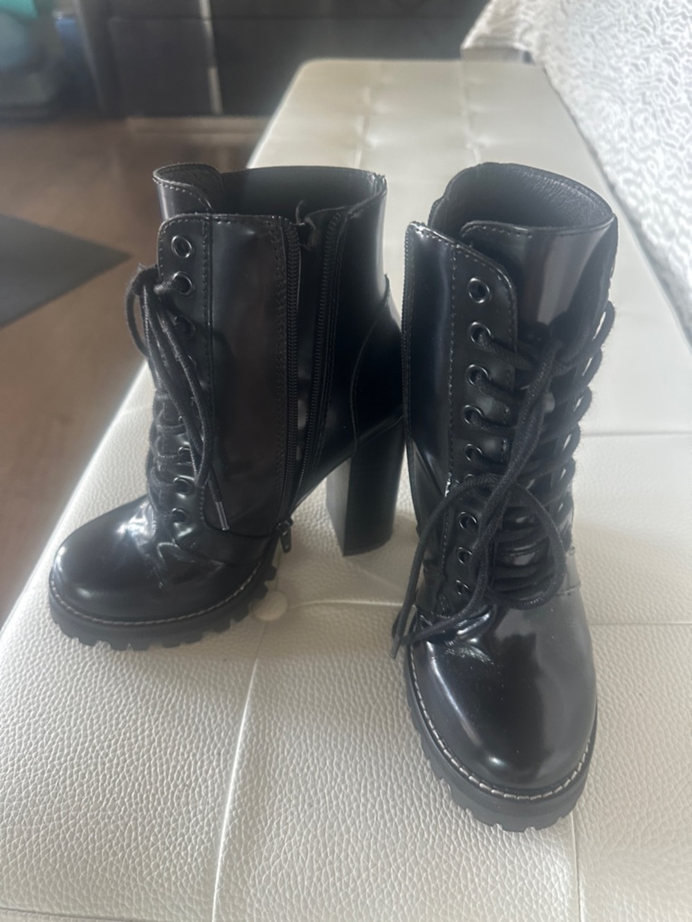 Jeffrey Campbell Black Patent Lace-Up Chunky Heel Ankle Boots
